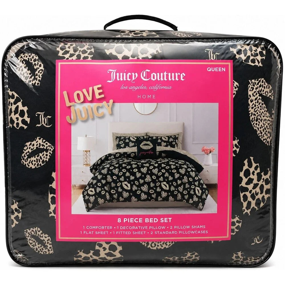 Juicy Couture Queen 8 Piece Bed Set Leopard Lips Comforter Sheet Set NWT